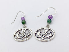 Sterling Silver Thistle in oval dangle Earrings-Scotland-Celtic- Thistles, Flower