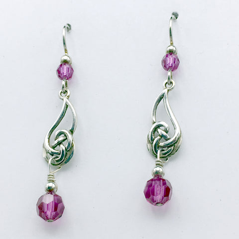 Sterling Silver swirly Celtic Knot dangle Earrings- fuchsia pink crystal dangles