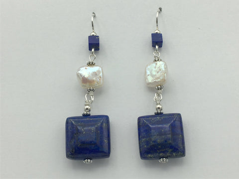 Sterling silver square Lapis Lazuli and Freshwater Pearls dangle earrings