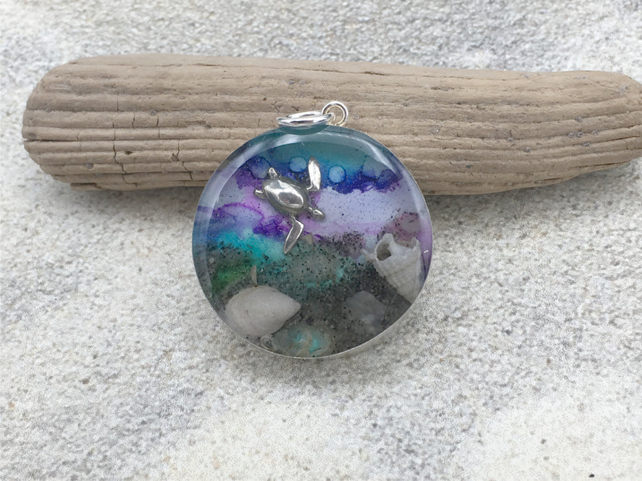 Sterling silver 25mm Round Pendant with striped Shells, Sand, Sea glass, Rocks, Sea turtle,  New Jersey, Avalon, shore, ocean,  beach comber, Alcohol ink