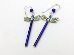 Pewter & Sterling silver long dragonfly dangle earrings-cobalt blue-dragonflies