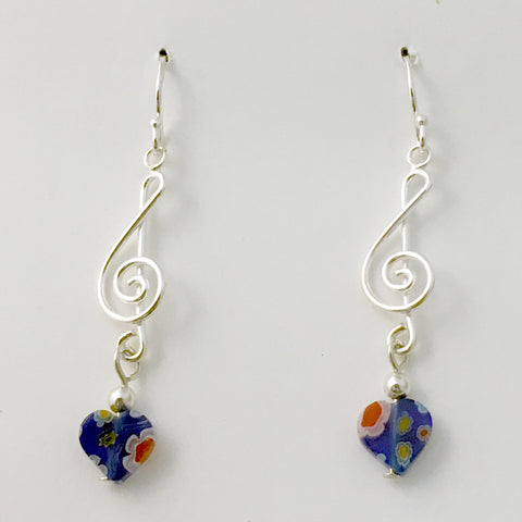 Sterling Silver medium Treble Clef w/spiral dangle earrings-music,musician, band