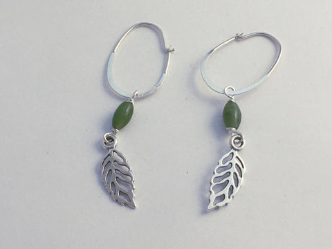Sterling Silver long hoop open leaf dangle earrings- tree, nature , leaves, jade