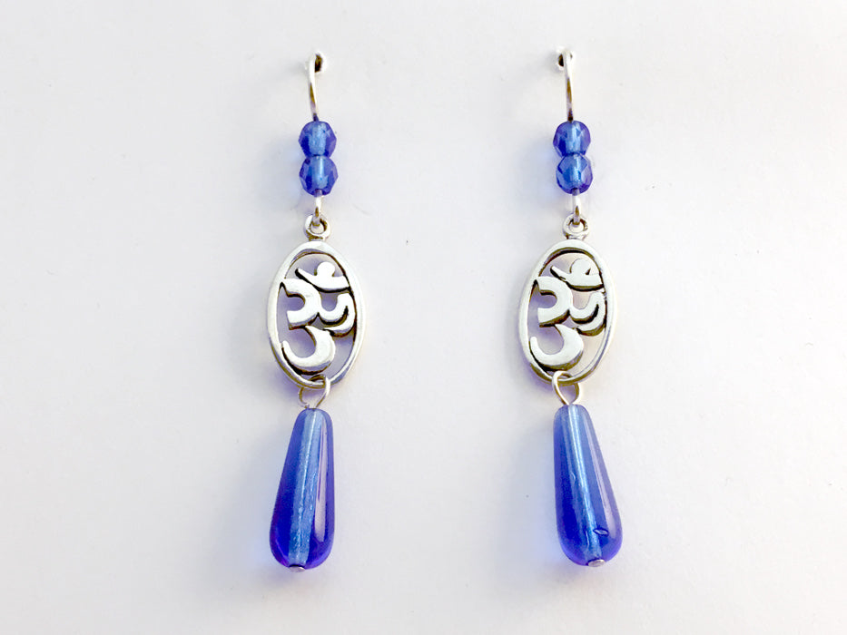 Sterling silver oval om symbol dangle earrings-blue, omkara, aum, Hindu, mantra