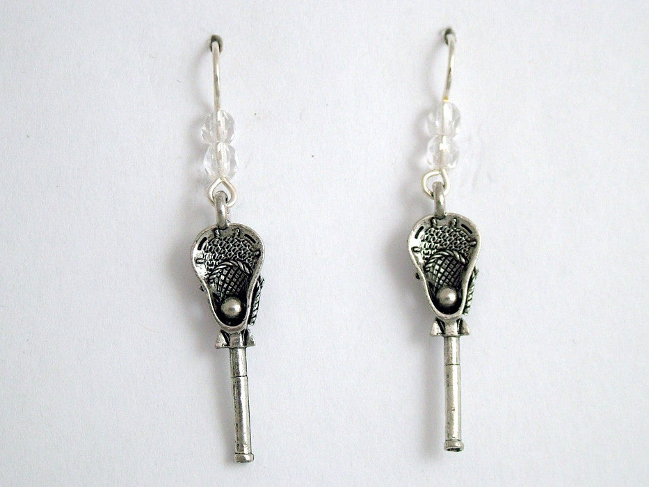 Pewter & sterling silver Lacrosse stick dangle earrings- LAX, team colors, ball