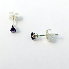 Sterling silver tiny 3mm amethyst stud earrings-studs, purple, February,