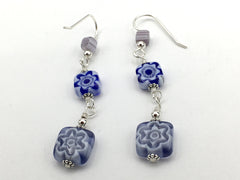 Sterling silver & white, lavender, cobalt blue glass millefiori flower beads dangle earrings