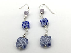 Sterling silver & white, lavender, cobalt blue glass millefiori flower beads dangle earrings