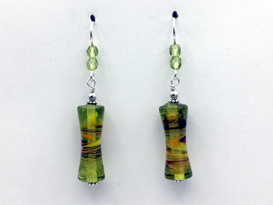 Green glass with orange & white swirl tube bead dangle earrings-sterling silver