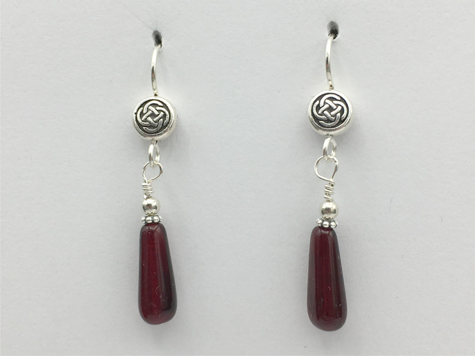 Pewter & Sterling Silver Celtic Round knot dangle earrings- burgundy glass drops