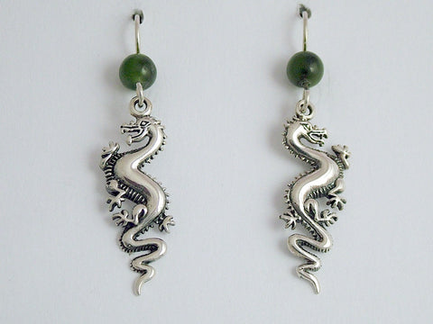 Sterling Silver Long Dragon dangle earrings-Fantasy, Jade, dragons, 2 inches