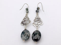 Sterling Silver Large Swirls and dots dangle earrings-Moss Agate, elegant, 2 7/8" long