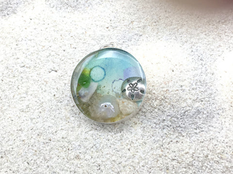Sterling silver 25mm Round Pendant with Shell, Shells, Sand, Dollar, Sea glass, Sanddollar, Beach Haven, Taylor Ave, LBI New Jersey shore, tide pool,  alcohol ink art,  beach comber