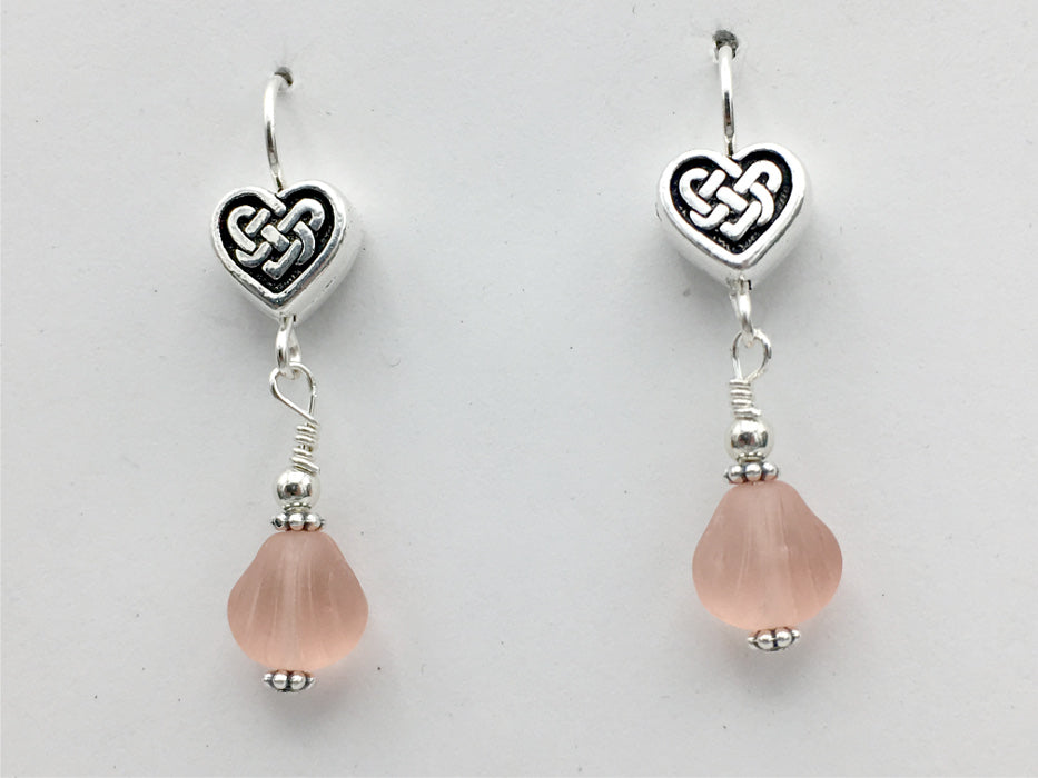 Pewter & sterling silver Celtic Knot Heart dangle earrings-pink glass-Valentine