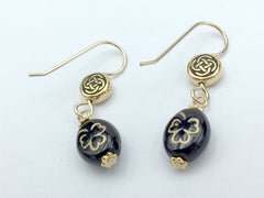 14k GF and  Goldtone Pewter round Celtic knot with black & gold glass shamrock dangle earrings-St. Patricks Day,shamrocks