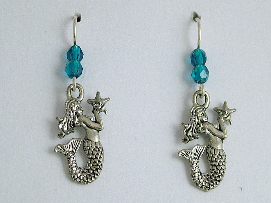 Pewter & Sterling Silver Mermaid  w/ star fish dangle earrings-Mermaids, sirens