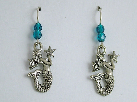 Pewter & Sterling Silver Mermaid  w/ star fish dangle earrings-Mermaids, sirens