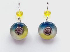Sterling silver sun flower dangle earrings-, blue and yellow, sunflowers, peace,  alcohol ink