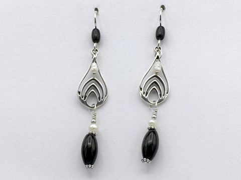 Sterling silver modern Arch dangle earrings-black Obsidian dangle, freshwater pearls, art deco