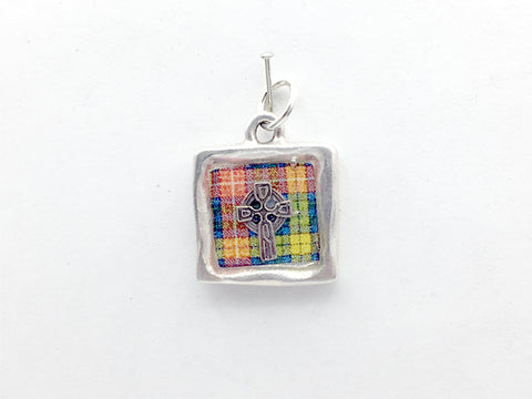 Pewter w/Sterling Silver Celtic Cross Clan Buchanan Tartan pendant, knot, Scots