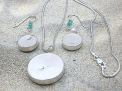 Sterling silver 25mm Round Pendant with Chain and Earring Set with Shells, Sand, Sea glass, Seaweed, plants, Sea turtle,  New Jersey, LBI, shore, ocean,  beach comber, Alcohol ink