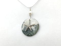 20 inch Sterling Silver snake chain with Moss Agate, Freshwater Pearl, and Sterling Silver Starfish pendant , beach comber