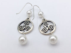 Pewter & Sterling Silver Triskelion circle Celtic dangle Earrings-glass "pearls"