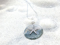 20 inch Sterling Silver snake chain with Moss Agate, Freshwater Pearl, and Sterling Silver Starfish pendant , beach comber