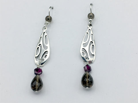 Sterling Silver modern abstract oval dangle earrings-Garnet, Smoky Quartz, 2 1/2 inches