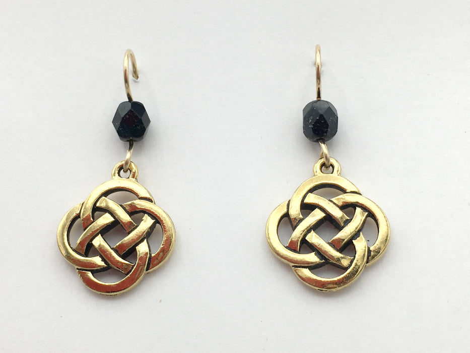 Gold tone Pewter &14k gf Celtic large Round Knot earrings- Black Glass