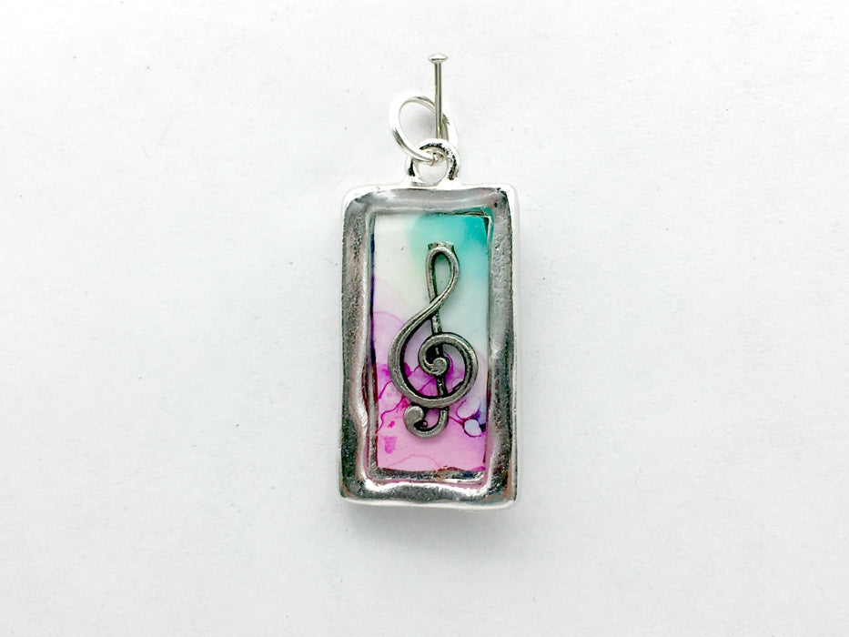 Pewter frame with Treble Clef pendant-resin, alcohol ink, pink, green, music, musician