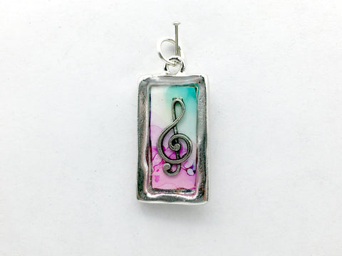 Pewter frame with Treble Clef pendant-resin, alcohol ink, pink, green, music, musician
