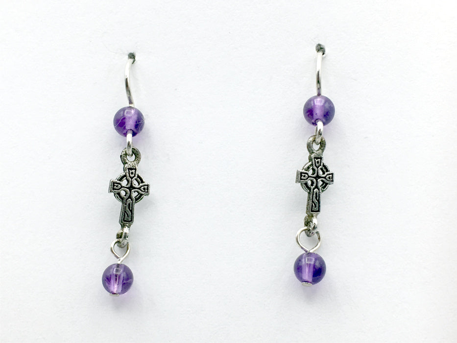 Sterling silver small Celtic cross dangle earrings-Amethyst, religion, faith