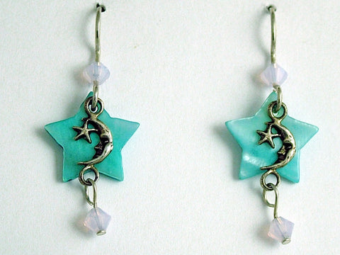 Sterling Silver tiny man in moon & star dangle earrings,celestial, crystal,shell