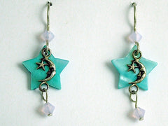 Sterling Silver tiny man in moon & star dangle earrings,celestial, crystal,shell