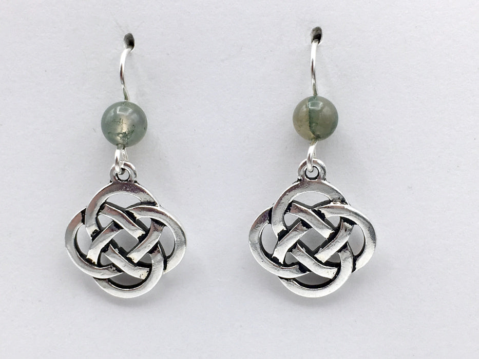 Pewter & Sterling Silver large Round Celtic Knot dangle Earrings-moss agate