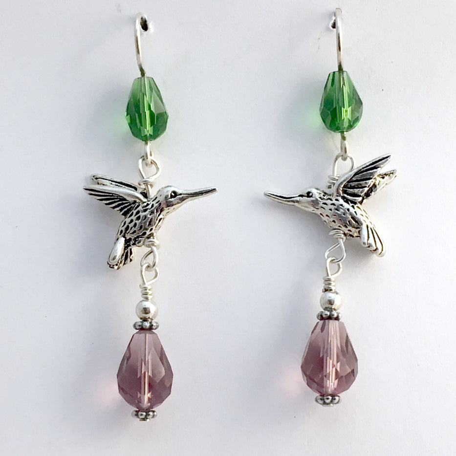 Pewter & Sterling silver hummingbird dangle earrings-purple & green crystal,bird,birds