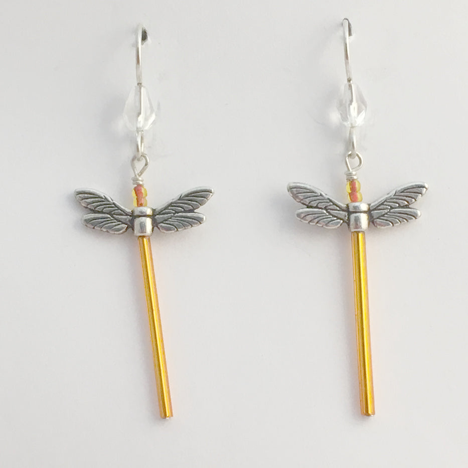 Pewter & Sterling silver long dragonfly dangle earrings-orange glass-dragonflies