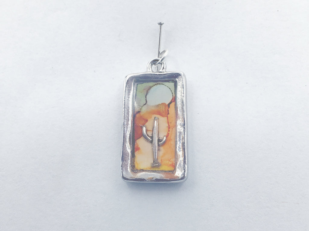 Pewter frame pendant w/ sterling silver saguaro cactus- resin, desert, moon, alcohol ink #3