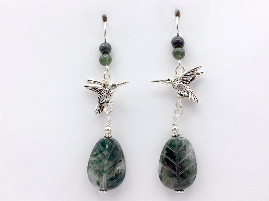 Pewter & Sterling silver hummingbird dangle earrings- Moss Agate leaf, bird