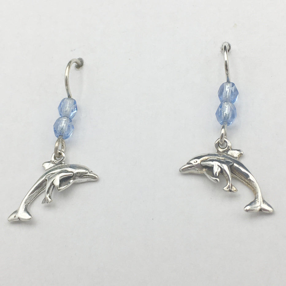 Sterling silver Dolphin w/ calf dangle earrings-ocean-dolphins, sea, marine,baby