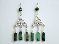 Sterling Silver large Celtic trinity knot with swoop dangle Earrings-malachite