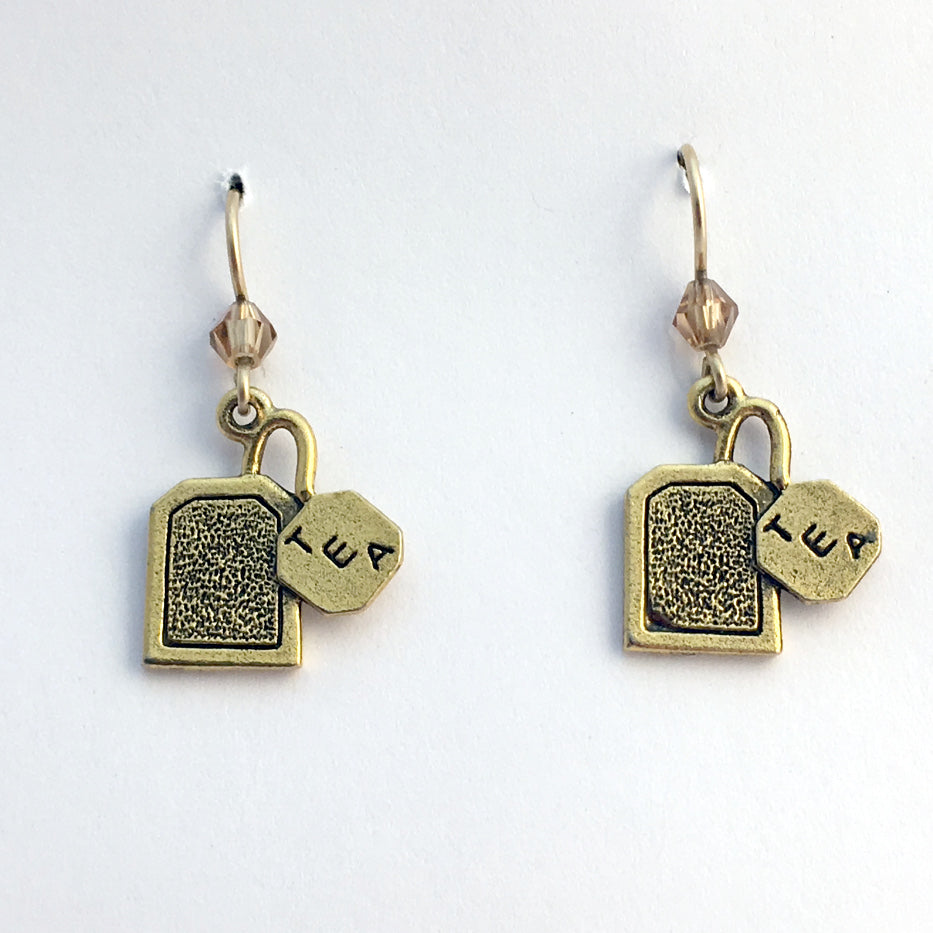 Gold tone Pewter & 14k gf tea bag dangle  Earrings- tea lover- teabag, tea bags