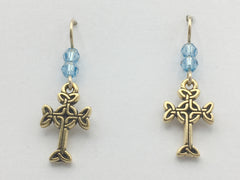 Gold tone Pewter & 14k gf Celtic knot Cross  dangle earrings- aqua blue crystal