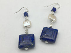 Sterling silver square Lapis Lazuli and Freshwater Pearls dangle earrings