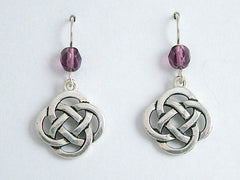 Pewter & Sterling Silver large Round Celtic Knot dangle Earrings- purple glass