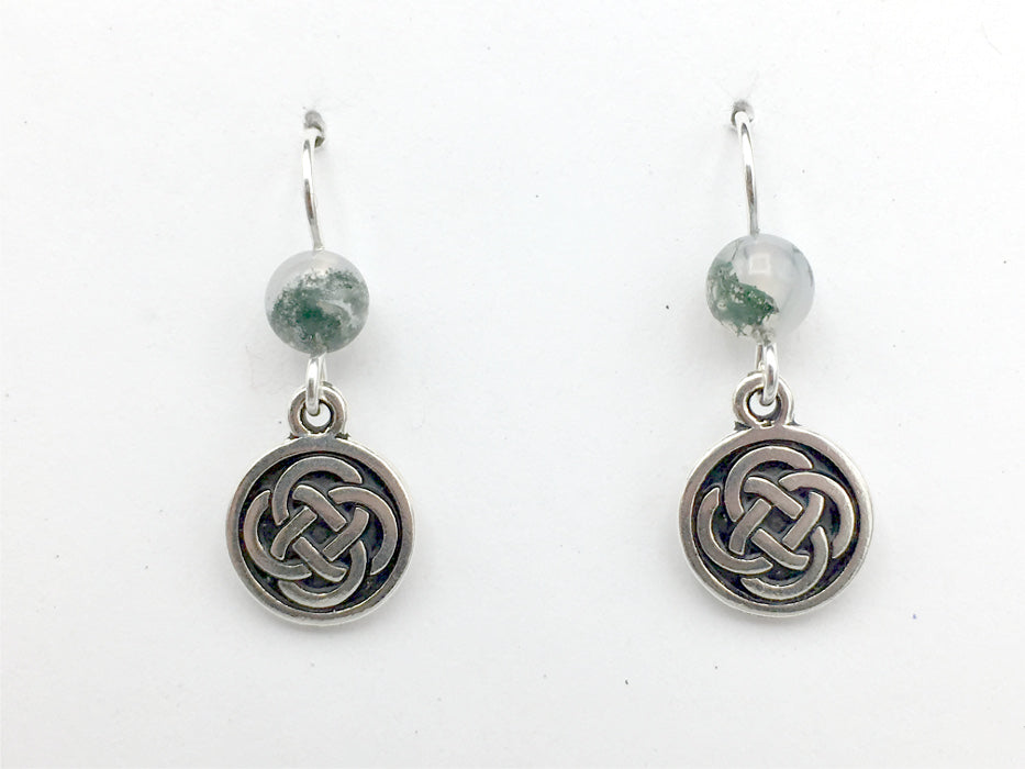 Pewter & Sterling Silver medium Round Celtic Knot dangle Earrings- Moss Agate