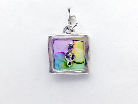 Square Pewter & Sterling Silver Treble Clef pendant-resin, music, musician, alcohol ink