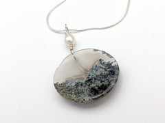 20 inch Sterling Silver snake chain with Moss Agate, Freshwater Pearl, and Sterling Silver Starfish pendant , beach comber