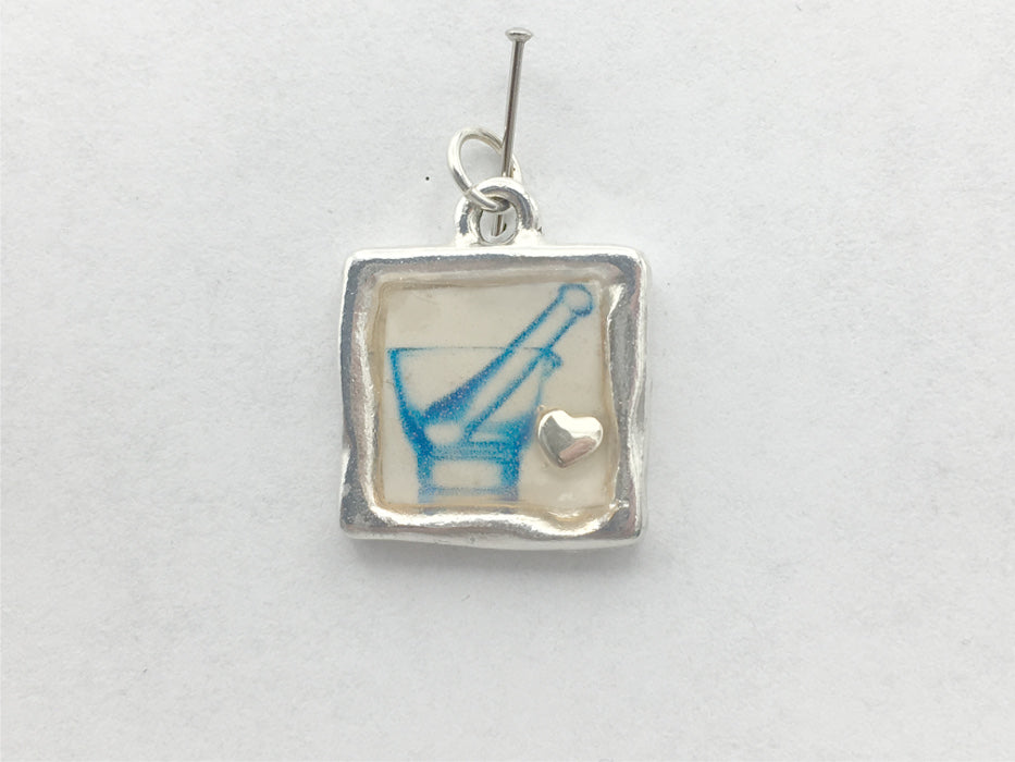 Pewter frame with mortar and pestle & sterling silver tiny heart pendant-resin, RX, Pharmacist